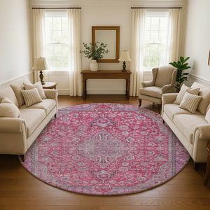 HomeRoots 8' Pink Mauve & Gray Floral Medallion Round Rug - Washable, UV Protected, Stylish & Durable Design 696125