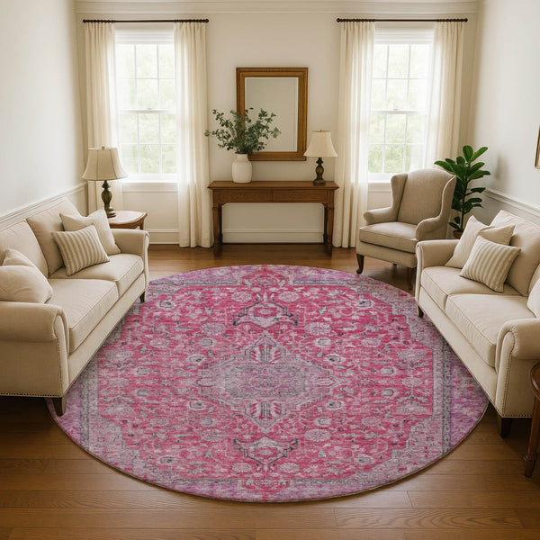 HomeRoots 8' Pink Mauve & Gray Floral Medallion Round Rug - Washable, UV Protected, Stylish & Durable Design 696125