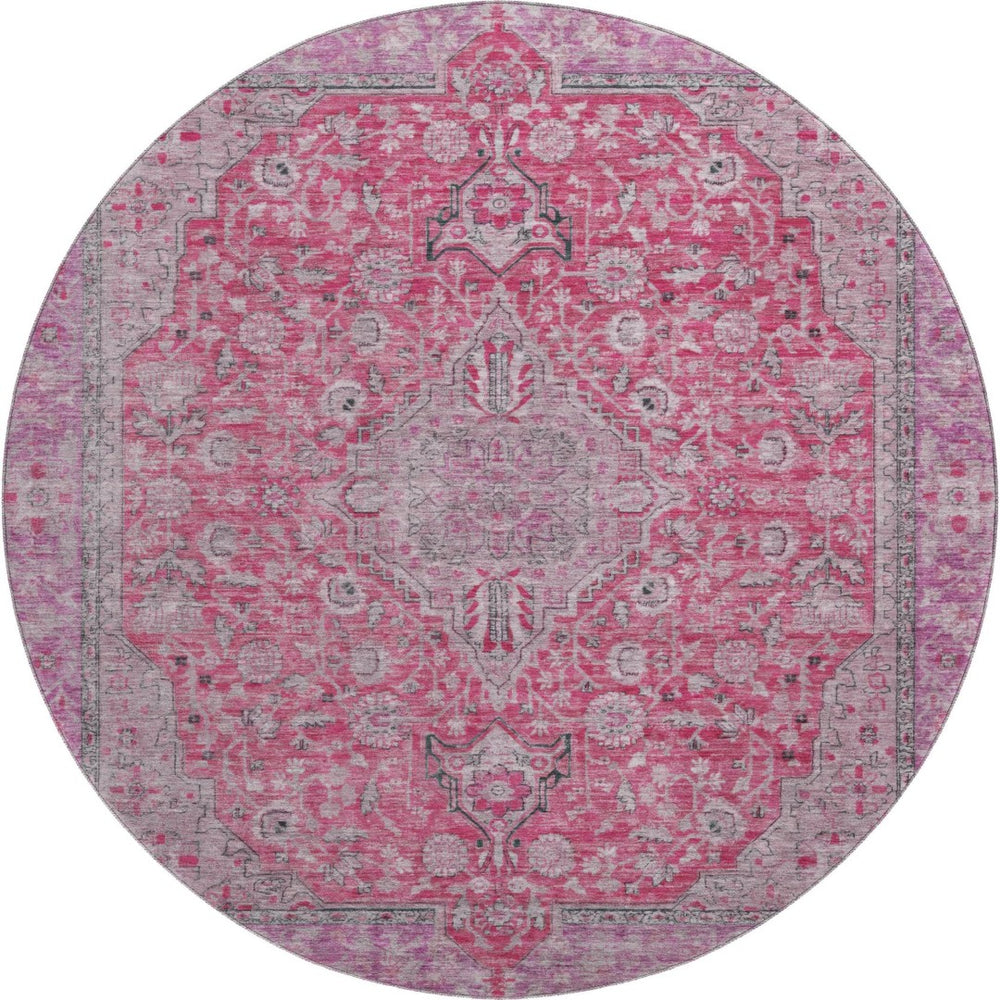 HomeRoots 8' Pink Mauve & Gray Floral Medallion Round Rug - Washable, UV Protected, Stylish & Durable Design 696125