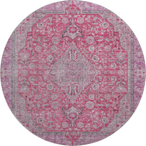 HomeRoots 8' Pink Mauve & Gray Floral Medallion Round Rug - Washable, UV Protected, Stylish & Durable Design 696125