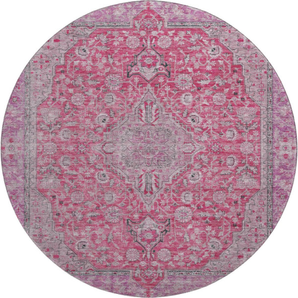 HomeRoots 8' Pink Mauve & Gray Floral Medallion Round Rug - Washable, UV Protected, Stylish & Durable Design 696125