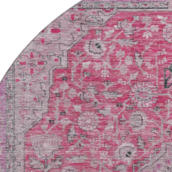 HomeRoots 8' Pink Mauve & Gray Floral Medallion Round Rug - Washable, UV Protected, Stylish & Durable Design 696125