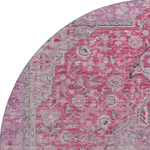 HomeRoots 8' Pink Mauve & Gray Floral Medallion Round Rug - Washable, UV Protected, Stylish & Durable Design 696125