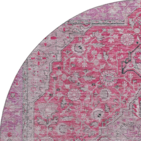 HomeRoots 8' Pink Mauve & Gray Floral Medallion Round Rug - Washable, UV Protected, Stylish & Durable Design 696125