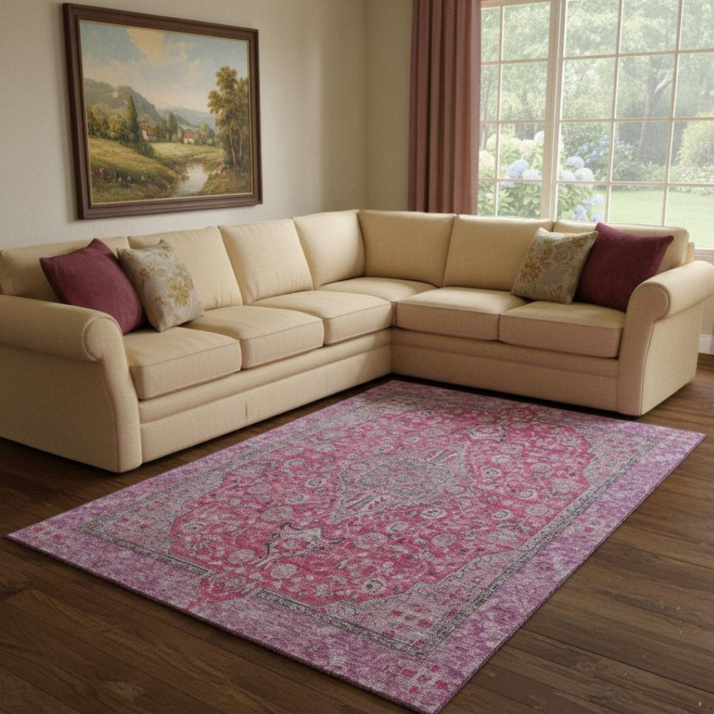 HomeRoots 8' X 10' Pink Mauve & Gray Floral Medallion Area Rug - Washable, UV-Protected, Family-Friendly Design 696126