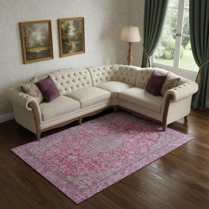 HomeRoots 9' X 12' Pink Mauve & Gray Floral Medallion Washable Rug - UV Protected, Stain Resistant, Non-Slip! 696127
