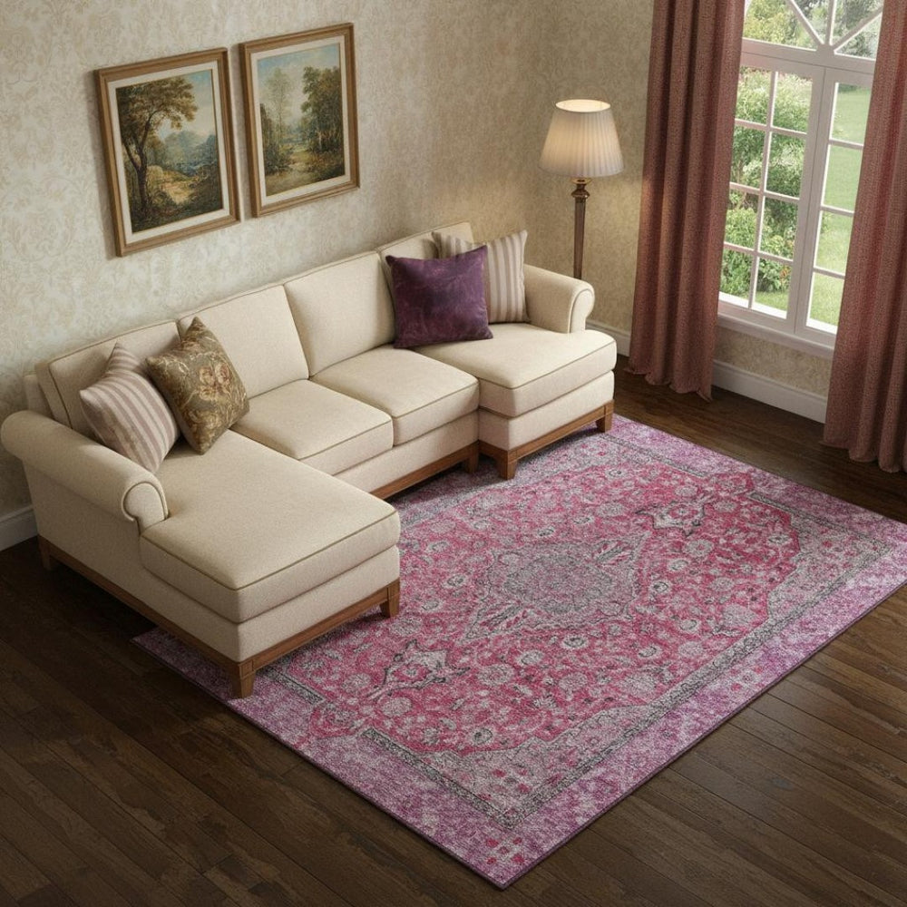 HomeRoots 10' X 14' Pink Mauve Floral Medallion Area Rug - Durable, Stain-Resistant & UV Protected Design 696128