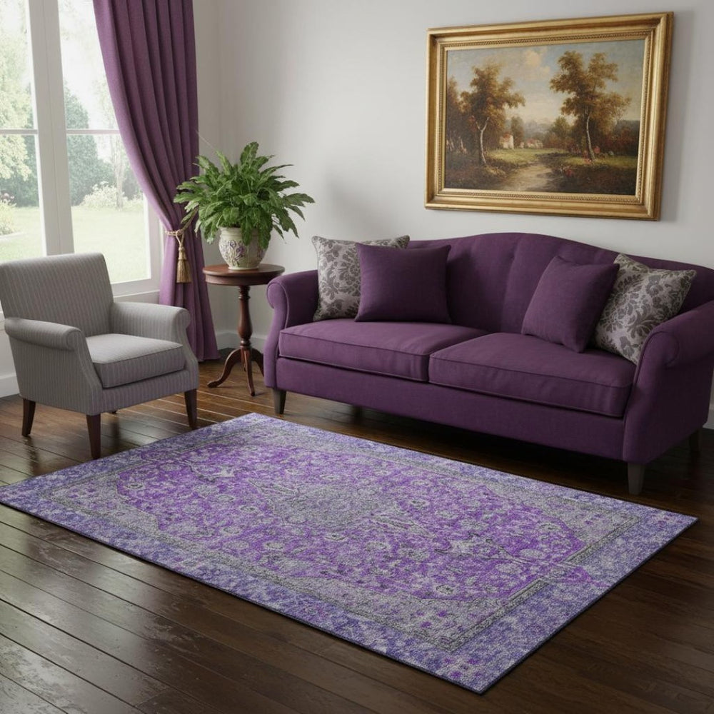 HomeRoots 5' X 8' Purple and Gray Floral Medallion Area Rug - Washable, UV-Protected, Non-Slip Design for Homes 696130