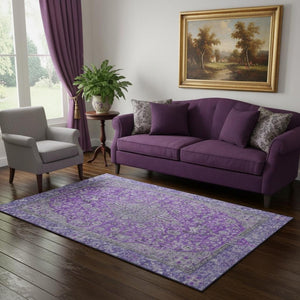 HomeRoots 5' X 8' Purple and Gray Floral Medallion Area Rug - Washable, UV-Protected, Non-Slip Design for Homes 696130