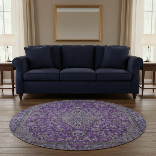 HomeRoots 8' Vibrant Purple and Gray Floral Medallion Washable Round Rug with UV Protection & Non-Slip Backing 696131