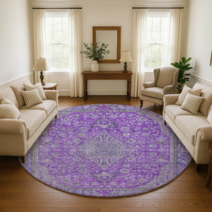 HomeRoots 8' Vibrant Purple and Gray Floral Medallion Washable Round Rug with UV Protection & Non-Slip Backing 696131
