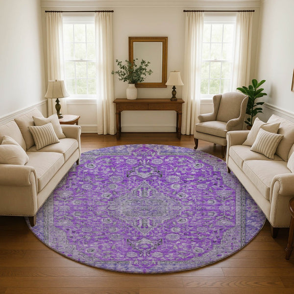 HomeRoots 8' Vibrant Purple and Gray Floral Medallion Washable Round Rug with UV Protection & Non-Slip Backing 696131