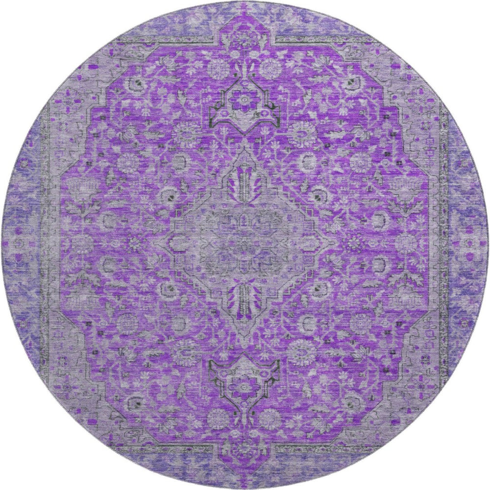 HomeRoots 8' Vibrant Purple and Gray Floral Medallion Washable Round Rug with UV Protection & Non-Slip Backing 696131