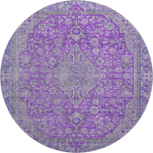 HomeRoots 8' Vibrant Purple and Gray Floral Medallion Washable Round Rug with UV Protection & Non-Slip Backing 696131
