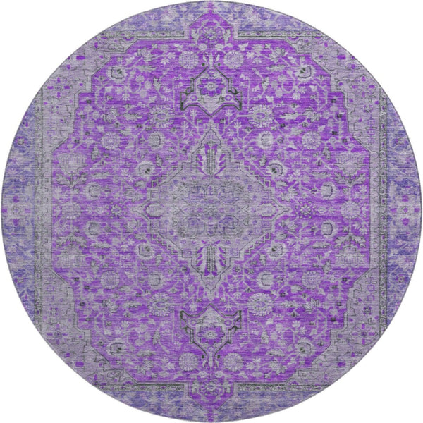 HomeRoots 8' Vibrant Purple and Gray Floral Medallion Washable Round Rug with UV Protection & Non-Slip Backing 696131