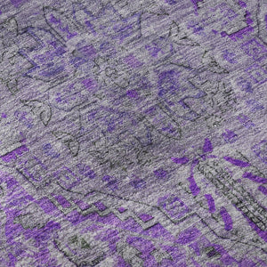 HomeRoots 8' Vibrant Purple and Gray Floral Medallion Washable Round Rug with UV Protection & Non-Slip Backing 696131