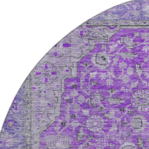 HomeRoots 8' Vibrant Purple and Gray Floral Medallion Washable Round Rug with UV Protection & Non-Slip Backing 696131