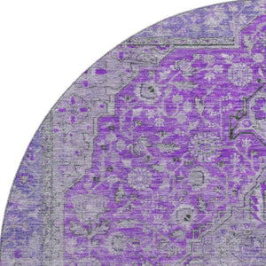 HomeRoots 8' Vibrant Purple and Gray Floral Medallion Washable Round Rug with UV Protection & Non-Slip Backing 696131