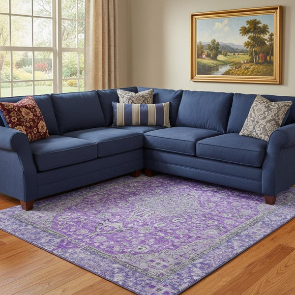 HomeRoots 8' X 10' Purple and Gray Floral Medallion Area Rug - Washable, UV Protected, Durable & Elegant Design 696132