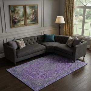 HomeRoots 9' X 12' Purple and Gray Floral Medallion Washable Area Rug - UV Protected, Durable, Pet-Friendly Design 696133