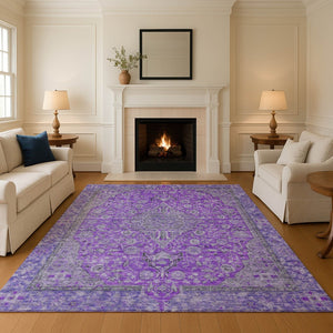 HomeRoots 9' X 12' Purple and Gray Floral Medallion Washable Area Rug - UV Protected, Durable, Pet-Friendly Design 696133