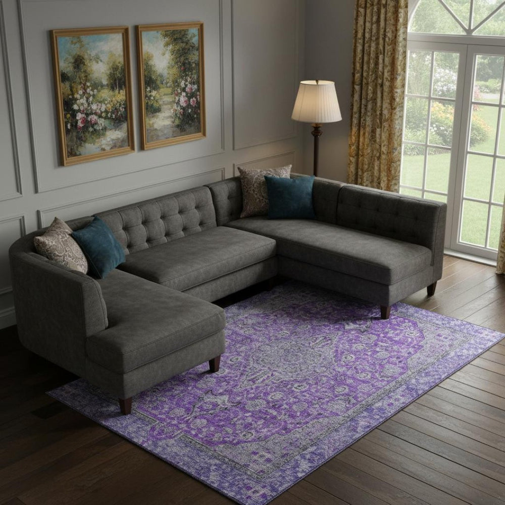 HomeRoots 10' X 14' Elegant Purple and Gray Floral Medallion Area Rug – Washable, Stain-Resistant, Non-Slip! 696134