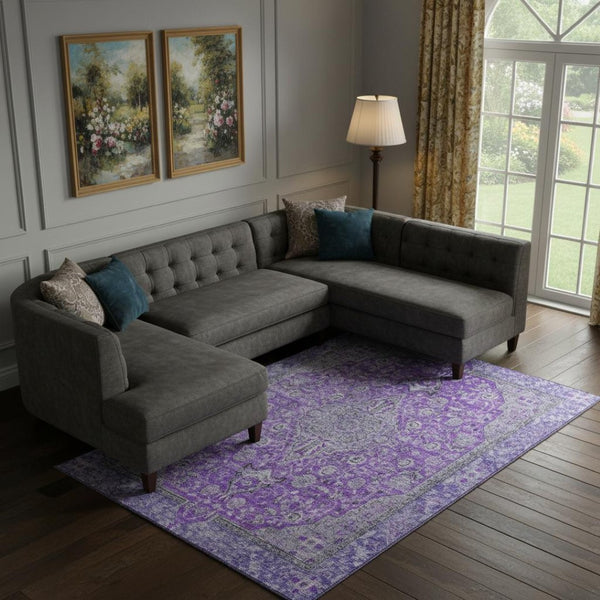 HomeRoots 10' X 14' Elegant Purple and Gray Floral Medallion Area Rug – Washable, Stain-Resistant, Non-Slip! 696134