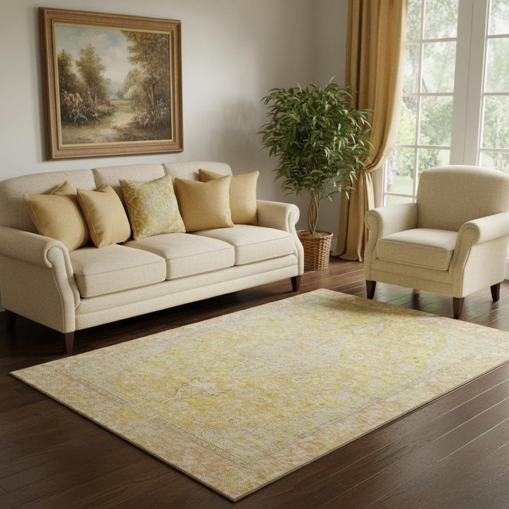 HomeRoots 5' X 8' Wheat Gold & Gray Floral Medallion Area Rug - Durable, Washable, UV Resistant & Pet Friendly! 696136