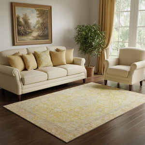 HomeRoots 5' X 8' Wheat Gold & Gray Floral Medallion Area Rug - Durable, Washable, UV Resistant & Pet Friendly! 696136