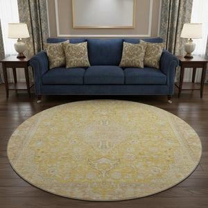HomeRoots 8' Elegant Wheat Gold and Gray Floral Medallion Round Rug - Washable, UV Protected, Non-Slip Design 696137