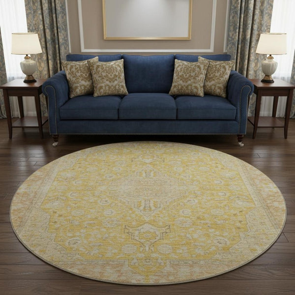 HomeRoots 8' Elegant Wheat Gold and Gray Floral Medallion Round Rug - Washable, UV Protected, Non-Slip Design 696137