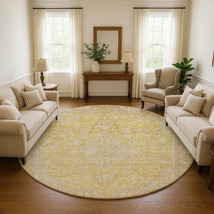 HomeRoots 8' Elegant Wheat Gold and Gray Floral Medallion Round Rug - Washable, UV Protected, Non-Slip Design 696137