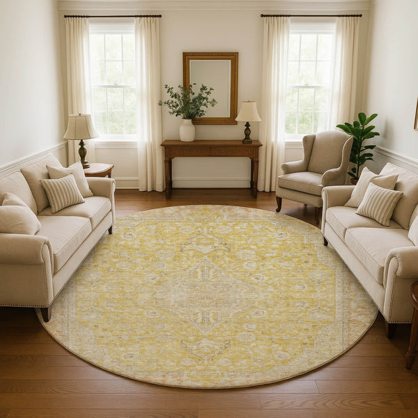 HomeRoots 8' Elegant Wheat Gold and Gray Floral Medallion Round Rug - Washable, UV Protected, Non-Slip Design 696137