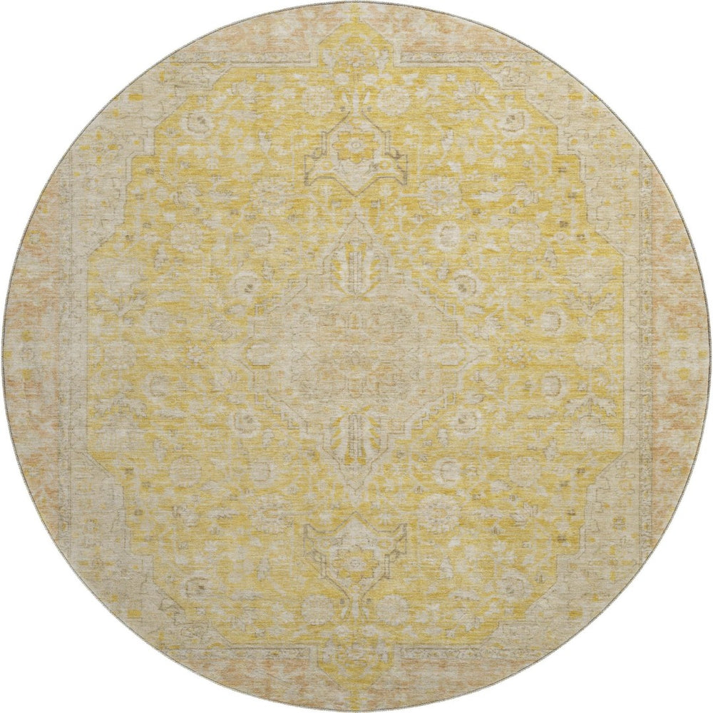 HomeRoots 8' Elegant Wheat Gold and Gray Floral Medallion Round Rug - Washable, UV Protected, Non-Slip Design 696137