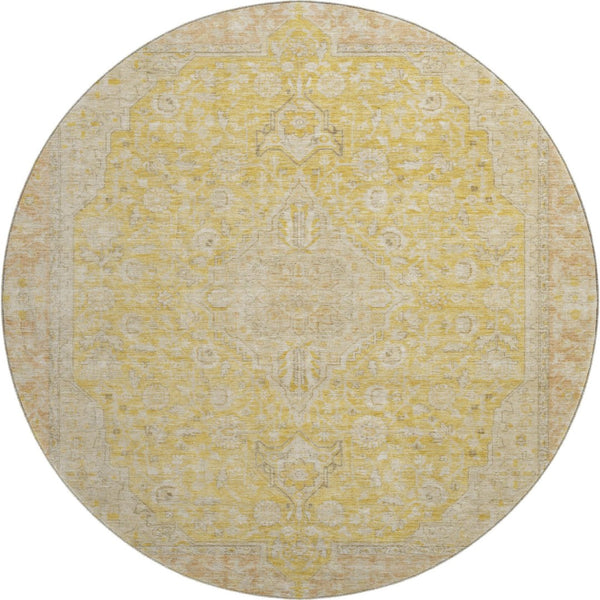 HomeRoots 8' Elegant Wheat Gold and Gray Floral Medallion Round Rug - Washable, UV Protected, Non-Slip Design 696137