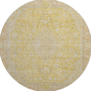 HomeRoots 8' Elegant Wheat Gold and Gray Floral Medallion Round Rug - Washable, UV Protected, Non-Slip Design 696137