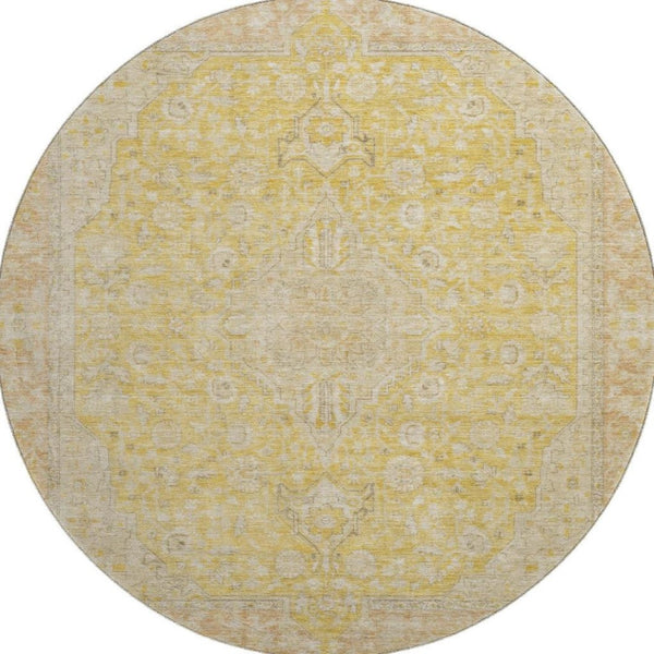 HomeRoots 8' Elegant Wheat Gold and Gray Floral Medallion Round Rug - Washable, UV Protected, Non-Slip Design 696137