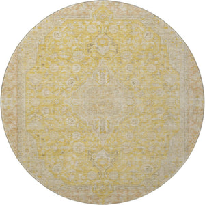 HomeRoots 8' Elegant Wheat Gold and Gray Floral Medallion Round Rug - Washable, UV Protected, Non-Slip Design 696137