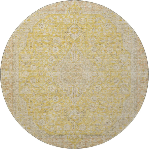 HomeRoots 8' Elegant Wheat Gold and Gray Floral Medallion Round Rug - Washable, UV Protected, Non-Slip Design 696137