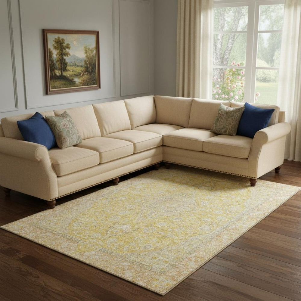 HomeRoots 8' X 10' Wheat Gold & Gray Floral Medallion Washable Area Rug | Durable, UV Protected, Stylish Decor 696138