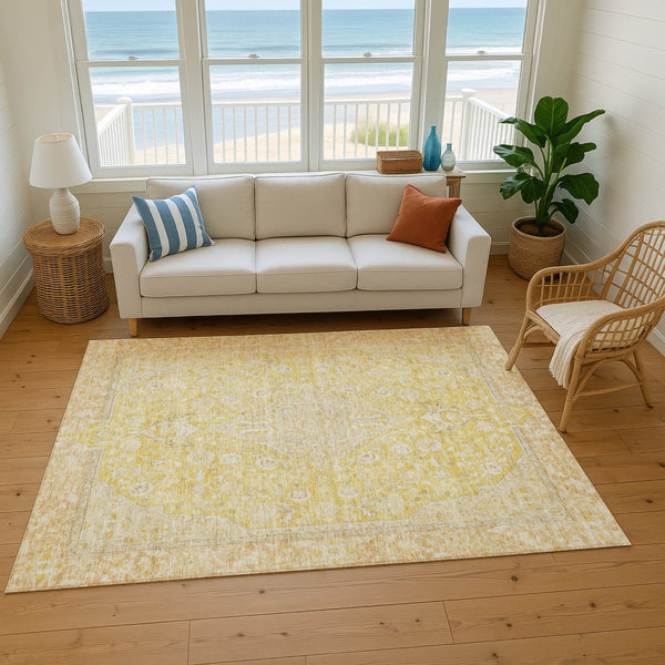 HomeRoots 8' X 10' Wheat Gold & Gray Floral Medallion Washable Area Rug | Durable, UV Protected, Stylish Decor 696138