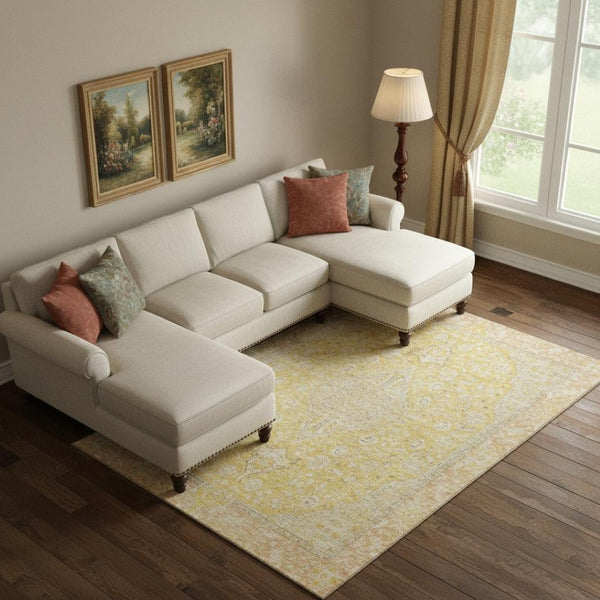 HomeRoots 9' X 12' Floral Medallion Area Rug in Wheat Gold & Gray - Washable, UV-Protected, Non-Slip Design 696139