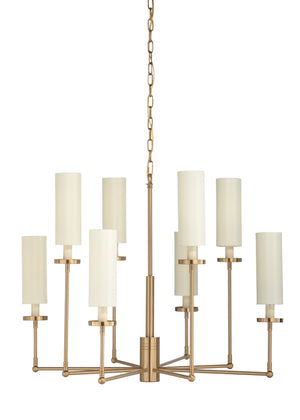 Chelsea House Stiletto Eight-Light Chandelier In Ivory & Antique Brass — Contemporary Cylinder Shades, Adjustable Chain 69614