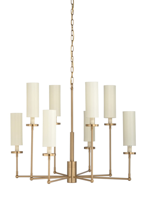 Chelsea House Stiletto Eight-Light Chandelier In Ivory & Antique Brass — Contemporary Cylinder Shades, Adjustable Chain 69614