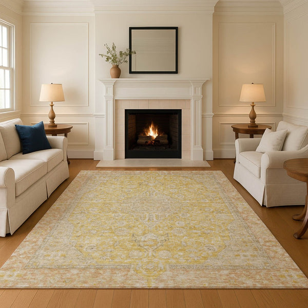 HomeRoots 10' Wheat Gold & Gray Floral Medallion Area Rug - Washable, Stain-Resistant, UV-Protected Design 696140