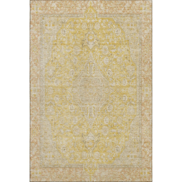 HomeRoots 10' Wheat Gold & Gray Floral Medallion Area Rug - Washable, Stain-Resistant, UV-Protected Design 696140