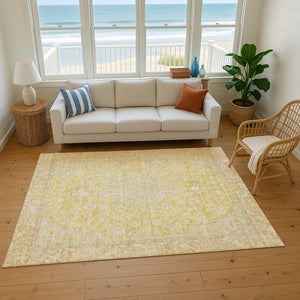 HomeRoots 10' Wheat Gold & Gray Floral Medallion Area Rug - Washable, Stain-Resistant, UV-Protected Design 696140