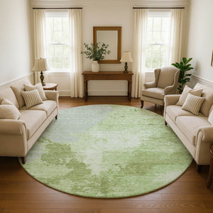 HomeRoots 8' Artichoke Green & Ivory Abstract Round Rug - Durable, Stain-Resistant, UV-Protected for Homes 696143