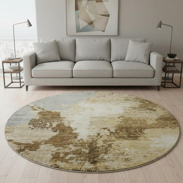 HomeRoots 8' Brown Beige and Gray Abstract Round Area Rug - Washable, Stain-Resistant, UV Protected Design 696149