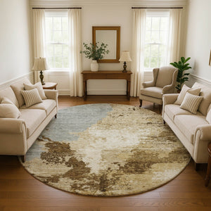 HomeRoots 8' Brown Beige and Gray Abstract Round Area Rug - Washable, Stain-Resistant, UV Protected Design 696149